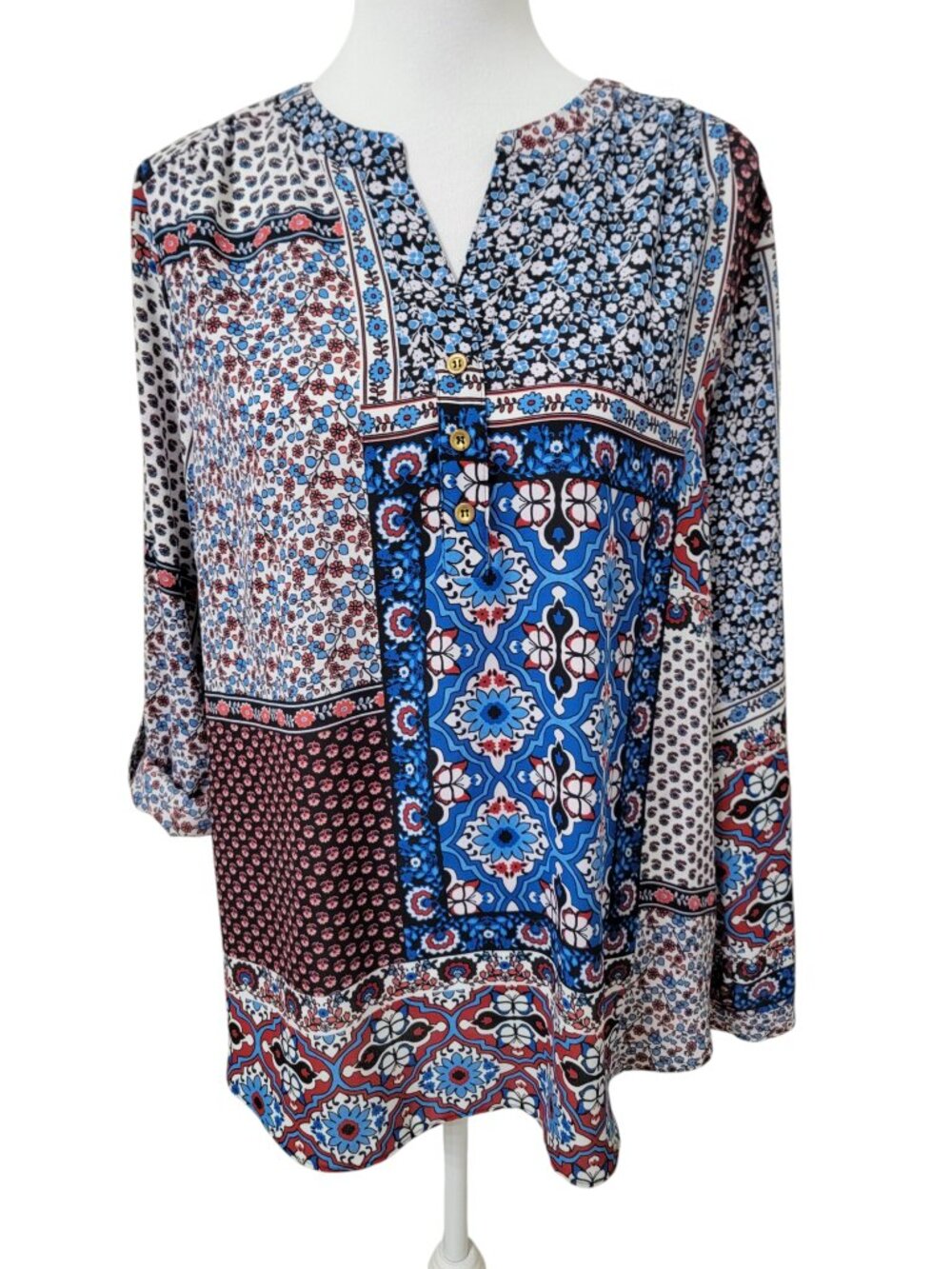 Zac & Rachel Size L Patchwork Print Roll-Tab Sleeve Blouse